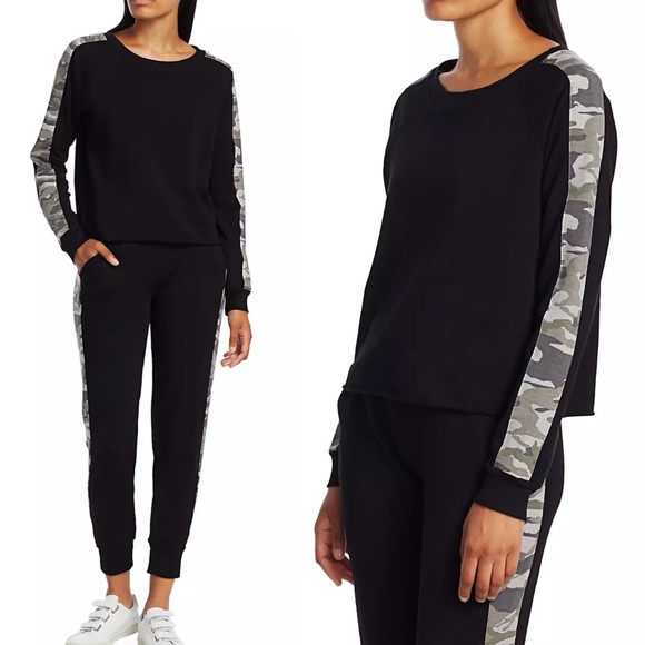 Monrow Black Camo Stripe Cotton Sweatshirt - Picture 1 of 11